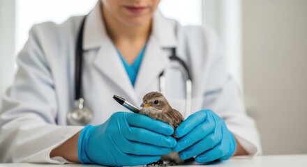 A doctor, wearing scrubs and stethoscope, examining a small bird, held carefully