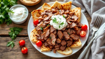 Obraz premium A delicious plate of gyro meat served over pita bread with a dollop of tzatziki sauce and cherry tomatoes.