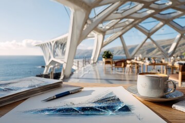 Obraz premium Serene Coastal Artistic Workspace with Modern Architecture Overlooking Ocean View, Featuring Sketchbook, Pen, Coffee Cup, and Bright Natural Light