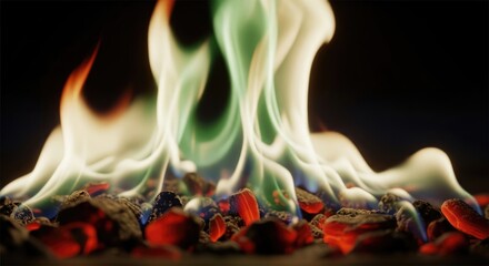 A close-up showcases vibrant flames rising from glowing embers. The fire's ethereal glow includes shades of red, blue, and green, against a dark background