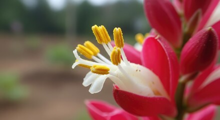 Close-up of a vibrant flower with red petals, white stamen, and yellow anthers. Soft focus background depicts a field under a hazy, overcast sky. Focus is on intricate floral details