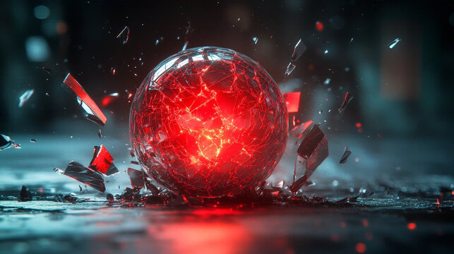 Red glowing glass sphere exploding and shattering into pieces on dark background 3D illustration
