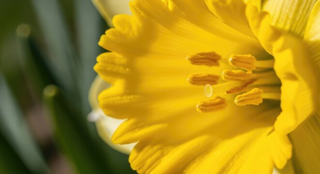 A close-up showcases a bright yellow flower with intricately detailed petals, stamens, and a soft, blurred background of green foliage. The sunlight highlights its delicate structure