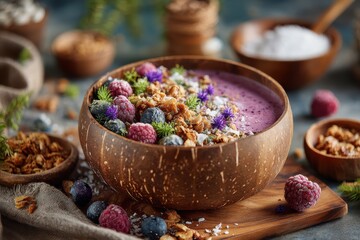 Fresh and Nourishing Smoothie Bowl with Berries, Granola, and Edible Flowers in Rustic Setting Perfect for Healthy Eating and Food Photography