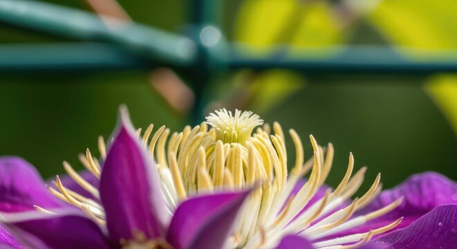 Close-up focus on a vibrant purple flower's delicate center, showcasing creamy stamens and pistils. Green background with bokeh hints at surrounding foliage and a fence. The sunlight is bright - Powered by Adobe