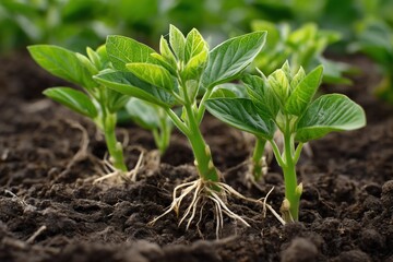 Young plants with roots come out of the ground. The sun makes the green things grow on the farm. Farming, gardening, new life and nature. Food, harvest.