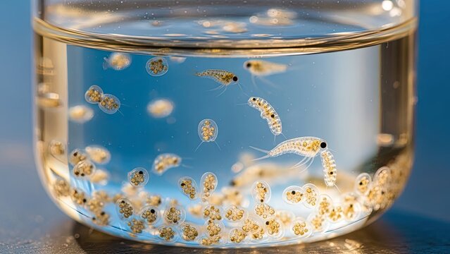 Microscopic Aquatic Life in Glass Jar: Plankton, Copepods, and Rotifers