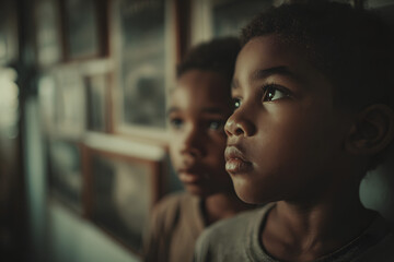 Focus on back view small two afro American kid boys with interest looking on pictures on the wall in gallery in Black history in community center on Black history month celebration