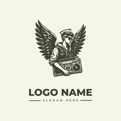 Obraz premium A graphic illustration of a winged man holding a boombox with a logo name and slogan on a plain background, featuring an icon design.
