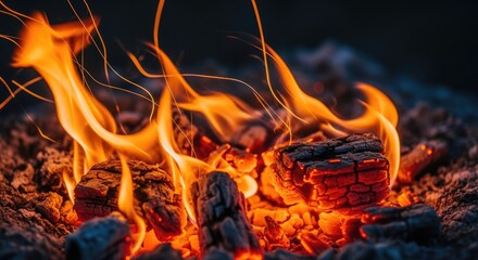 Close-up of glowing embers and flickering flames. Charred wood emits heat and light against a dark background, with sparks and fine lines of light arcing outwards, creating a dynamic scene