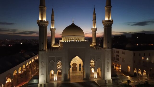 A serene mosque stands illuminated at dusk with towering minarets and a majestic dome, surrounded by a tranquil atmosphere.