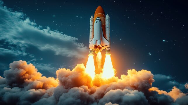 Space shuttle launching into space at night.