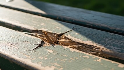 Close-up of a weathered, cracked wooden park bench with peeling green paint