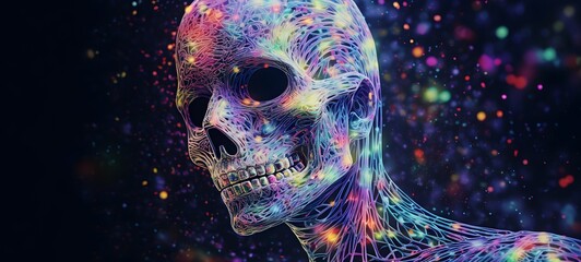Pointillist grunge design of skeleton mummy with abstract dotted pattern,generative AI