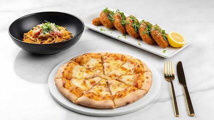 A mouth-watering display of diverse cuisine, showcasing a perfectly baked cheese pizza, hearty pasta, and golden fried appetizers, ideal for a memorable meal