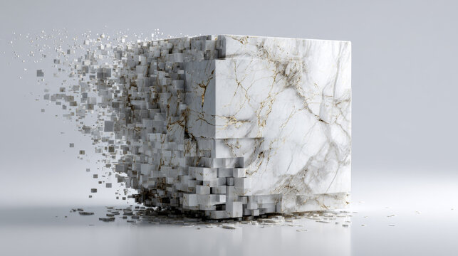 White marble cube exploding into small particles and pixels on grey background