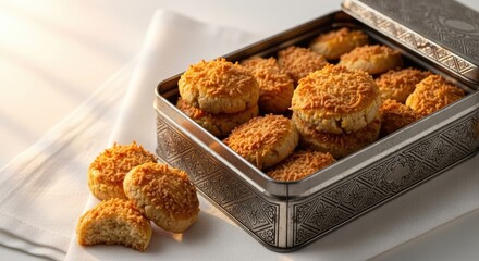 A vintage, ornate tin brimming with golden, coconut-topped cookies sits atop a crisp white cloth. Warm light casts inviting shadows, highlighting the texture and detail