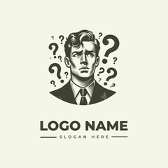 A black and white illustration of a man in a suit with question marks surrounding his head, set against a plain background with a logo and slogan text.