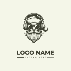A monochromatic illustration of a bearded man wearing headphones and sunglasses, with a logo name and slogan on a plain background, in a graphic design style.