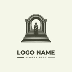 A logo design featuring a person sitting on stairs leading to an archway with columns, accompanied by placeholder text for a logo name and slogan on a plain background.