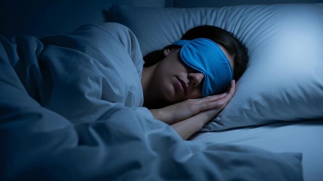 Woman sleeping peacefully in bed with blue eye mask on