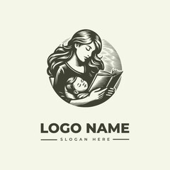 A grayscale illustration of a woman reading to a baby against a scenic background with a logo and slogan text below on a beige background.