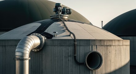 Close-up of industrial cylindrical tanks, a network of pipes, and machinery against a partially lit sky, hinting at processing