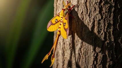 Exotic Luna Moth with Long Tails Clinging to Tree Bark in Sunlight