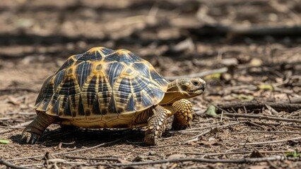 Indian Star Tortoise Walking on Dry Ground in Sunlight