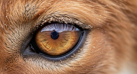 Close-up of a canine's detailed eye, capturing the pupil, iris, and surrounding fur. Light reflects in the eye, highlighting the texture and color. Small debris adorns the surrounding area