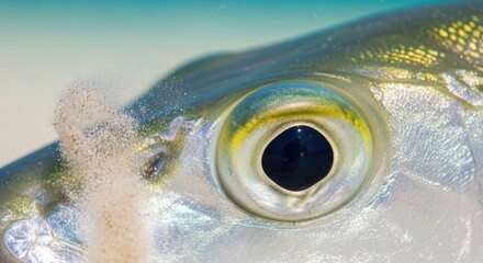 Extreme close-up of a fish's eye and head. Sand particles appear as if disturbed, the fish's iridescent scales reflecting the aquatic light. The eye is focused and clear