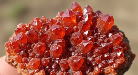 A close-up showcases a cluster of vibrant, orange-red crystal formations. The crystalline structures are densely packed on a dark, rocky matrix, held gently in a hand. Sunlight enhances the color