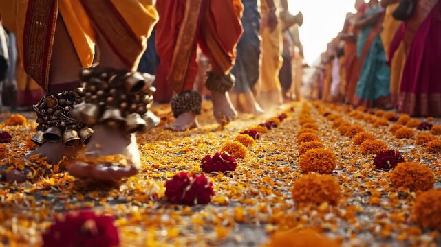Indian dancers feet with bells walking on flower petals photography