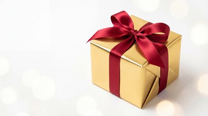 Obraz premium Golden Gift Box with Red Ribbon Isolated White Background