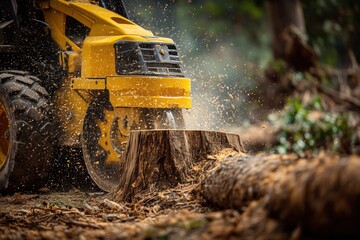 yellow stump grinder cutting tree