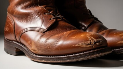 Worn Leather Boots, Vintage Style, Textured Brown Footwear Close-up