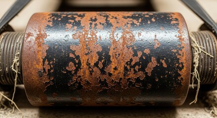 Close-up of a weathered, cylindrical object with heavy rust, likely metal. Twisted twine-like material secures the ends. The black paint shows significant degradation
