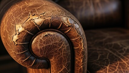 Close-up Macro of Aged Brown Leather Chesterfield Sofa Armrest, Cracked Texture