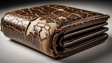 Worn Out Brown Leather Wallet, Cracked and Damaged, Close-up Studio Shot