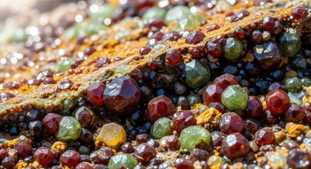 Close-up showcases a rough, textured surface encrusted with various, multi-colored gemstone formations, highlighting diverse shapes and refractive qualities. The rock shows mineral deposits