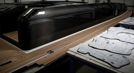 A sleek, modern vessel under construction, showcasing its black hull and light-wood decking. Work tables with cut-out shapes are on the side, inside a bright factory