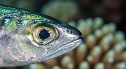 A detailed close-up of a fish's head, showing its eye, scales, and mouth, with a blurred coral background. The iridescence of the scales is prominent