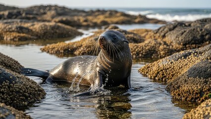 Seal pups playing in shallow rock pools on a sunny day, marine wildlife
