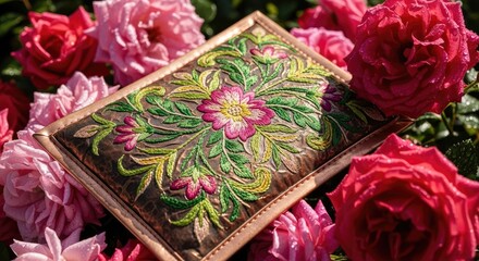 A close-up showcases an ornate, rectangular object with floral embroidery atop. It's surrounded by vibrant pink and red roses, suggesting a nature-inspired design