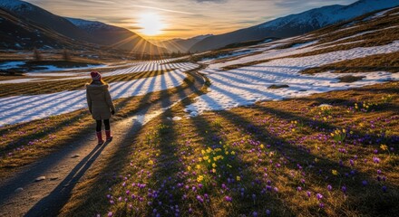 Person walking towards setting sun in valley with rows, snow patches, and spring flowers
