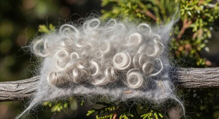 A tangled mass of curly, light-grey fibers rests upon a tree branch, surrounded by green needles. Natural light illuminates the soft texture