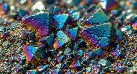Close-up macro reveals a cluster of iridescent, crystalline formations with multifaceted surfaces. Colors range from blues and greens to purples and golds, hinting at metallic composition. 