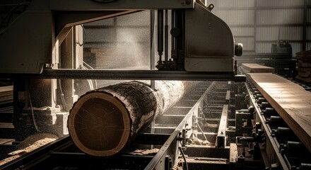 A close-up view of a large saw slicing through a massive log, wood shavings flying. Rails guide the wood through the machinery. Sunlight streams through the industrial space