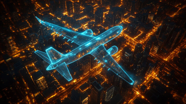 Futuristic digital hologram airplane flying over night city representing global travel technology - Powered by Adobe