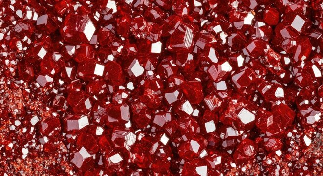Macro view of a close-packed cluster of vivid, sparkling, red, crystalline structures, exhibiting sharp edges and varying shapes with light reflections. The arrangement suggests geological formation